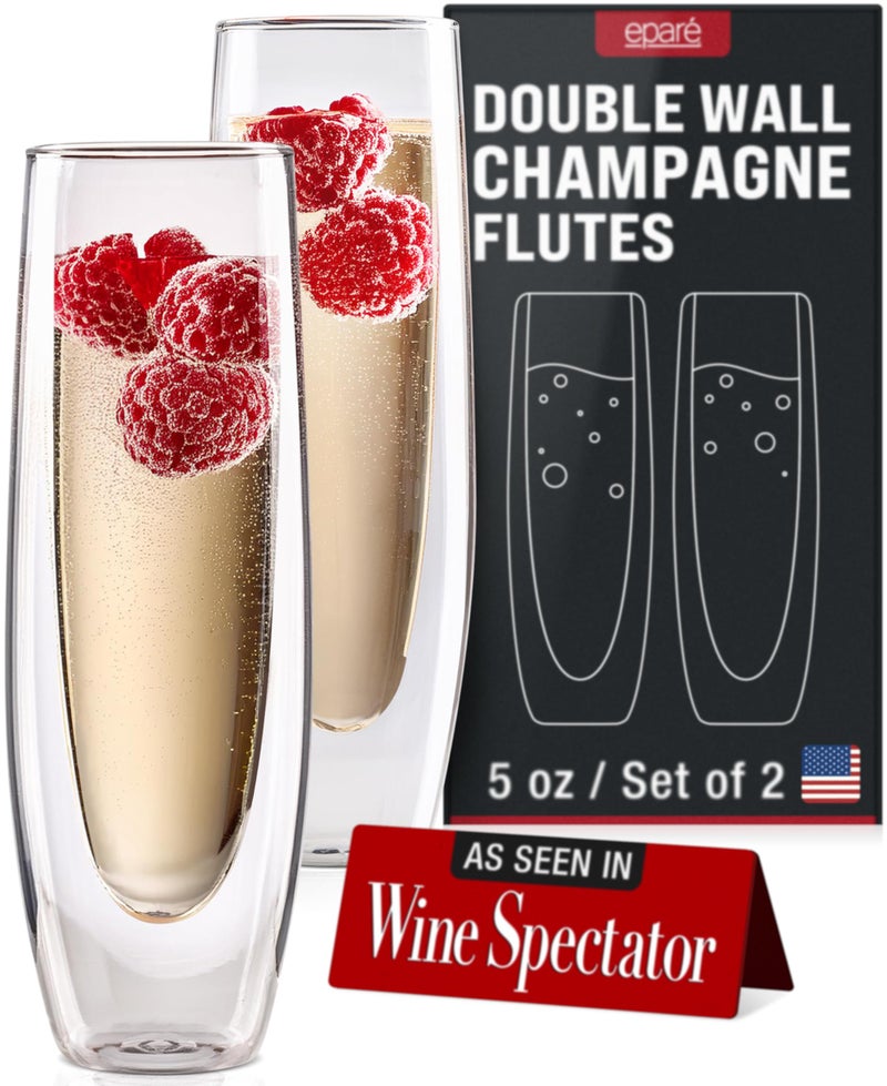 Epar Double Wall Stemless Champagne Flutes Glass  Set of 2 Lightweight Mimosa and Prosecco Glasses for Bridal Shower Bridesmaid Gift  Modern Stemless Champagne Glasses