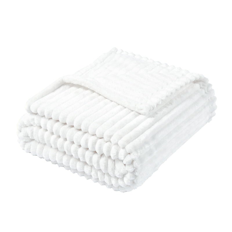 Vessia Flannel Fleece White Throw Blanket50X70 Inch Lightweight Warm and Soft Stripe Couch Blanket Bed Blanket Cozy Comfy Microfiber Ribbed Sofa Decor for All Season