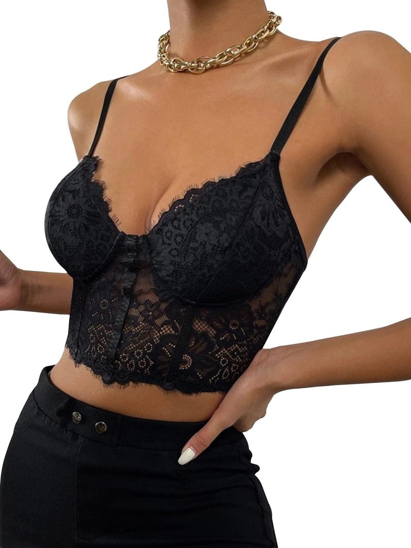 Lilosy Sexy Lingerie Floral Lace Crop Cami Tank Top Women Sheer Longline Bralette Night Out Party Bra Black Medium - Image 3
