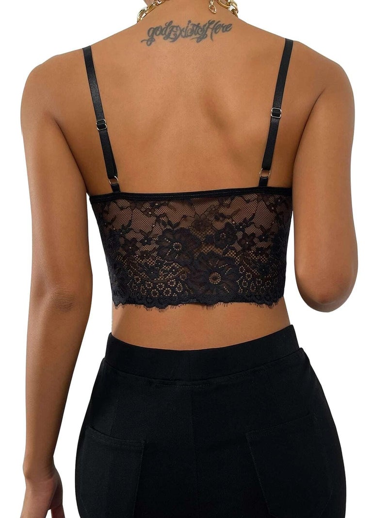Lilosy Sexy Lingerie Floral Lace Crop Cami Tank Top Women Sheer Longline Bralette Night Out Party Bra Black Medium - Image 2