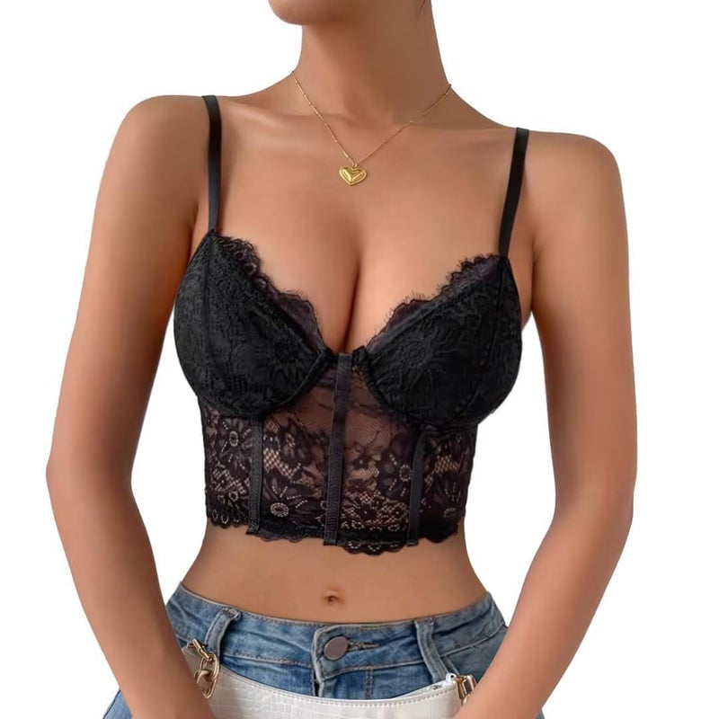 Lilosy Sexy Lingerie Floral Lace Crop Cami Tank Top Women Sheer Longline Bralette Night Out Party Bra Black Medium - Image 1