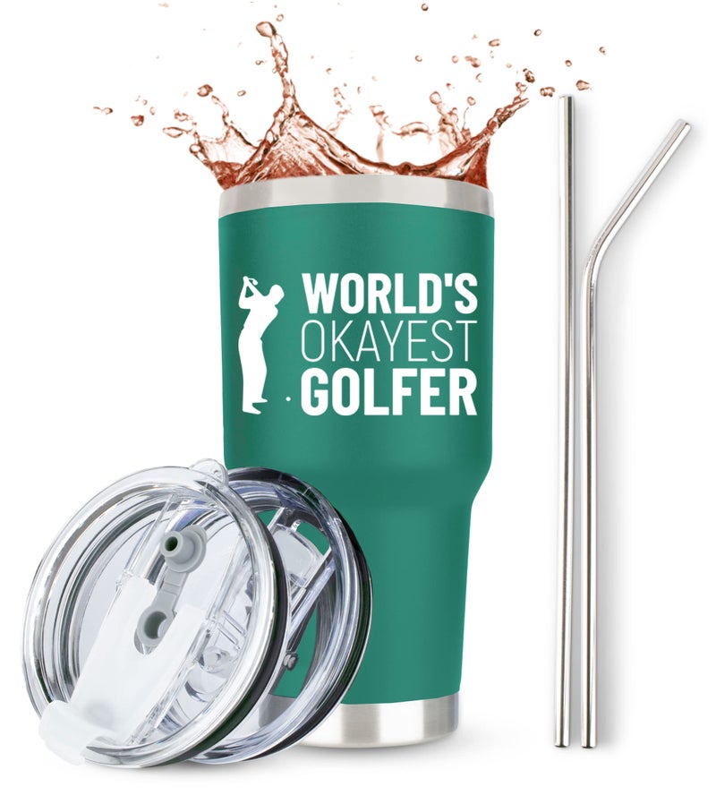 JENVIO Golf Gifts For Men  Worlds Okayest Golfer Insulated Stainless Steel Travel Tumbler Mug Including 2 Lids and 2 Straws  Funny Gag Cup Dad Father Husband Retirement Stuff Valentines Day Gift