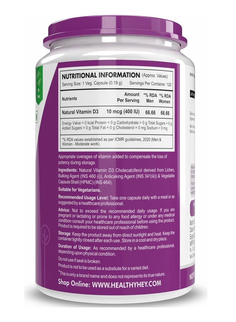 HealthyHey Nutrition HealthyHey Vegan Vitamin D3 - Natural Plant Based - Non GMO - Gluten Free - 400 IU 120 Veg Capsules - Image 2