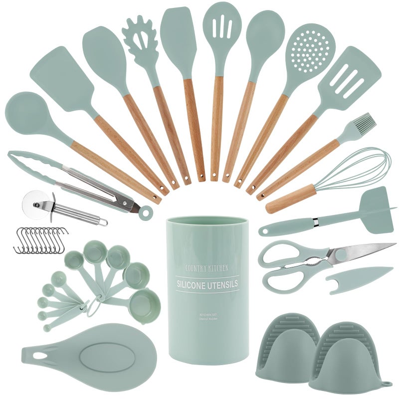 Country Kitchen Non Stick Silicone Utensil Set with Rounded Wood Handles for Cooking and Baking 38 Piece Set Mint