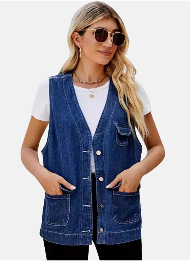 يونيكي Blue V Neck Sleeveless Denim Jacket