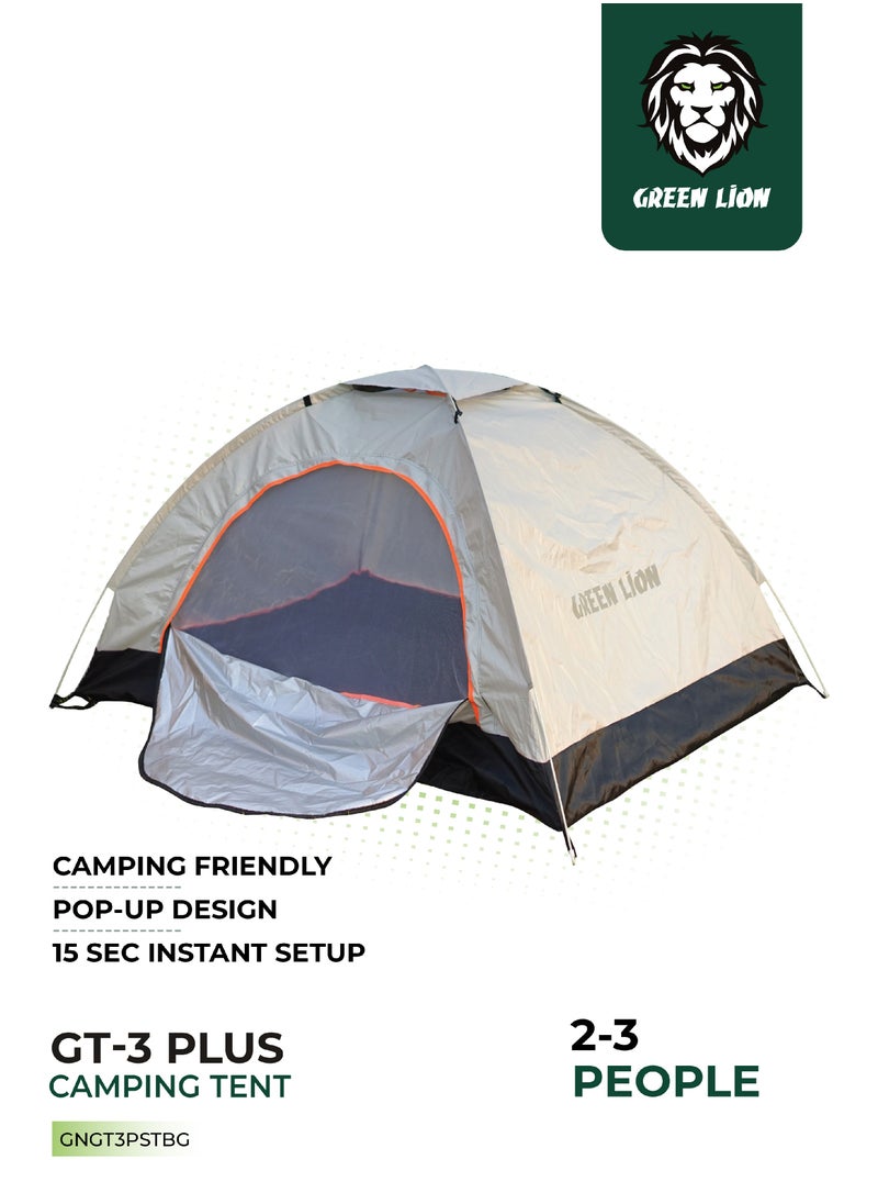 GREEN LION - GT3-PLUS Camping Tent / 15 Sec Instant Setup / 3 Person Capacity / 32.4 FT² Floor Area / Ventilated Mesh / Windproof Rope / UV Protection / Lightweight / Large Space / Camping Friendly / Pop-Up Design - Beige - Image 1