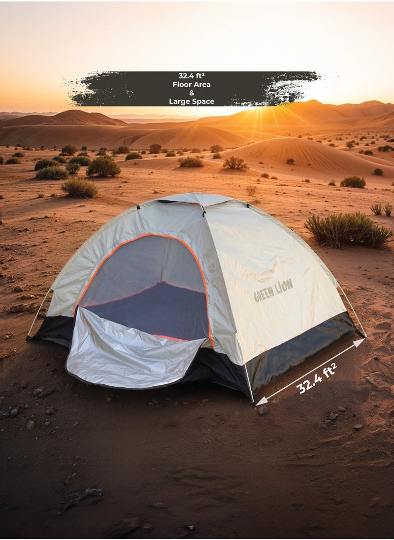 GREEN LION - GT3-PLUS Camping Tent / 15 Sec Instant Setup / 3 Person Capacity / 32.4 FT² Floor Area / Ventilated Mesh / Windproof Rope / UV Protection / Lightweight / Large Space / Camping Friendly / Pop-Up Design - Beige - Image 1