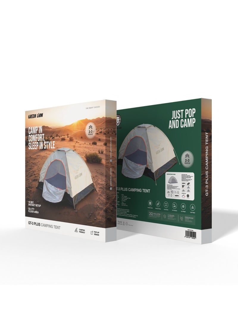 GREEN LION - GT3-PLUS Camping Tent / 15 Sec Instant Setup / 3 Person Capacity / 32.4 FT² Floor Area / Ventilated Mesh / Windproof Rope / UV Protection / Lightweight / Large Space / Camping Friendly / Pop-Up Design - Beige - Image 1