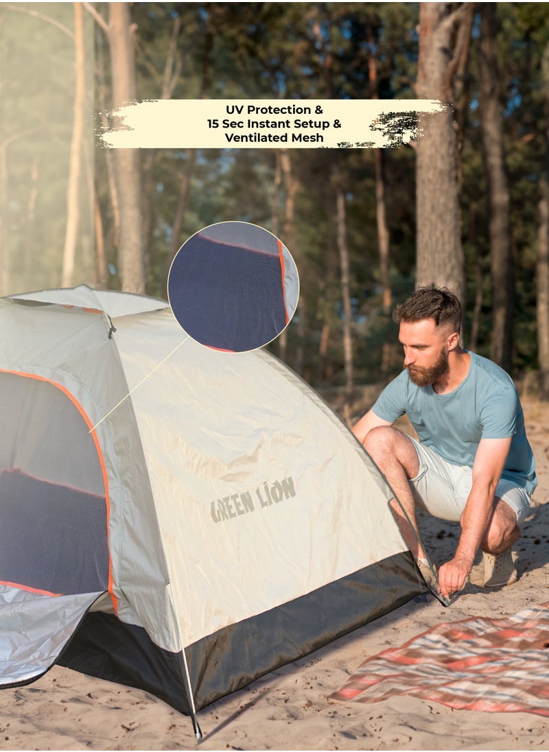 GREEN LION - GT3-PLUS Camping Tent / 15 Sec Instant Setup / 3 Person Capacity / 32.4 FT² Floor Area / Ventilated Mesh / Windproof Rope / UV Protection / Lightweight / Large Space / Camping Friendly / Pop-Up Design - Beige - Image 1