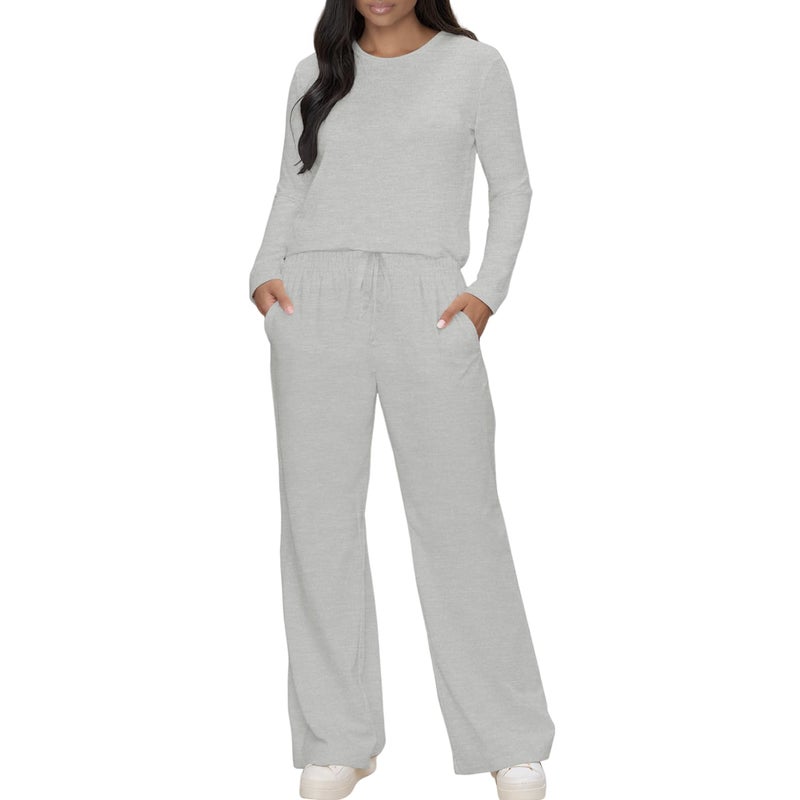 HBQ Women's 2 Piece Matching Sets Long Sleeve Top Wide Leg Pants Lounge Outfits Sweatsuits With Pockets-Off White-M - Image 2