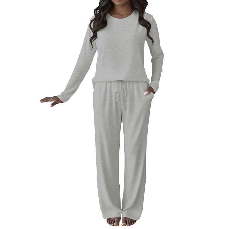HBQ Women's 2 Piece Matching Sets Long Sleeve Top Wide Leg Pants Lounge Outfits Sweatsuits With Pockets-Off White-M - Image 5