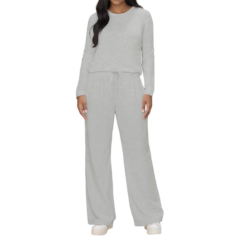 HBQ Women's 2 Piece Matching Sets Long Sleeve Top Wide Leg Pants Lounge Outfits Sweatsuits With Pockets-Off White-M - Image 1