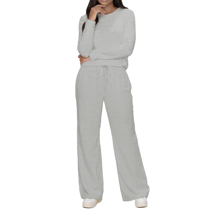 HBQ Women's 2 Piece Matching Sets Long Sleeve Top Wide Leg Pants Lounge Outfits Sweatsuits With Pockets-Off White-M - Image 3