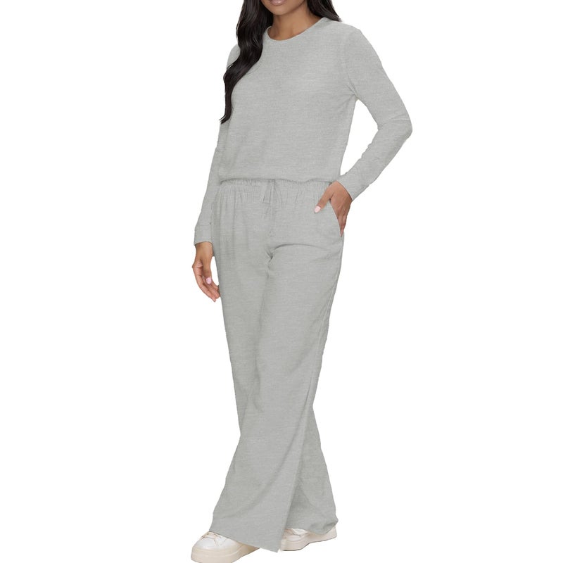 HBQ Women's 2 Piece Matching Sets Long Sleeve Top Wide Leg Pants Lounge Outfits Sweatsuits With Pockets-Off White-M - Image 4