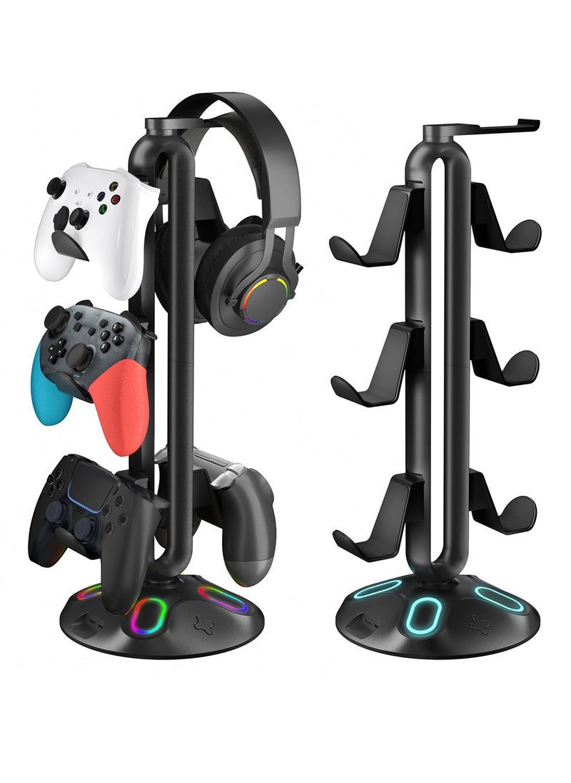 FlashHawk - 3-Layer Controllers Holder Display Stand with RGB Light and USB Ports for Game Controllers/Headsets/Consoles/Mobile Phones Tablet - Image 1