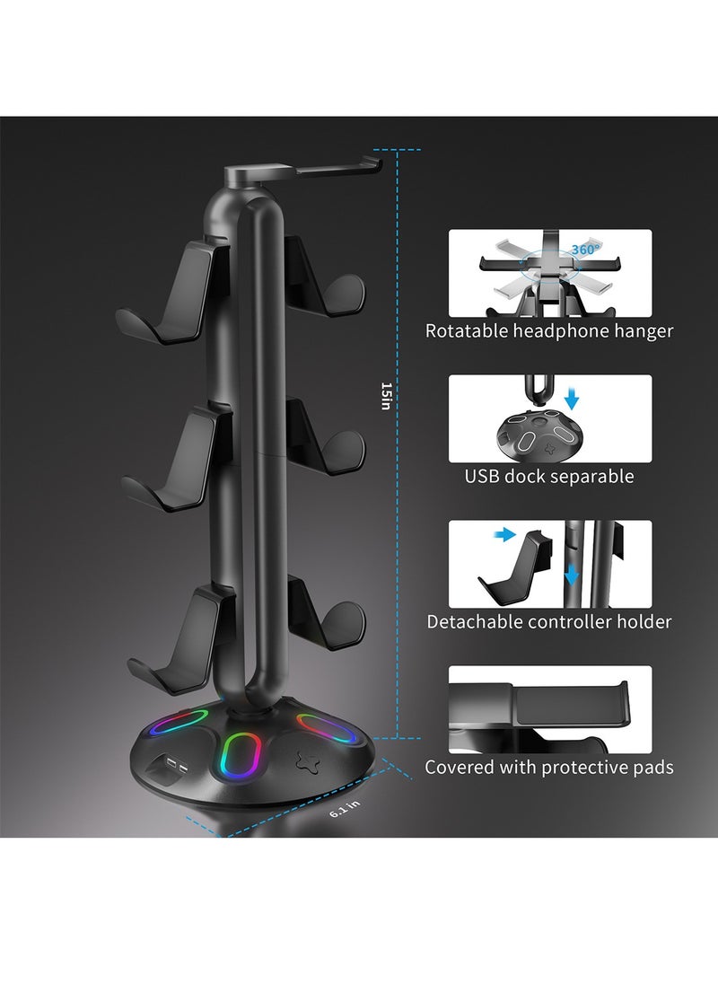 FlashHawk - 3-Layer Controllers Holder Display Stand with RGB Light and USB Ports for Game Controllers/Headsets/Consoles/Mobile Phones Tablet - Image 1