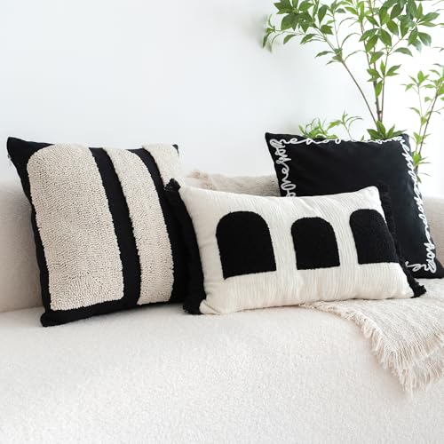 VANNCIO Black White Boho Chunky Tufted Pillow Cover, Neutral Decorative Square Throw Pillow Case, Geometric Woven Modern Sham for Bed Couch Living Room, 18x18 inches, 1PCS - Image 2