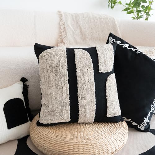 VANNCIO Black White Boho Chunky Tufted Pillow Cover, Neutral Decorative Square Throw Pillow Case, Geometric Woven Modern Sham for Bed Couch Living Room, 18x18 inches, 1PCS - Image 5