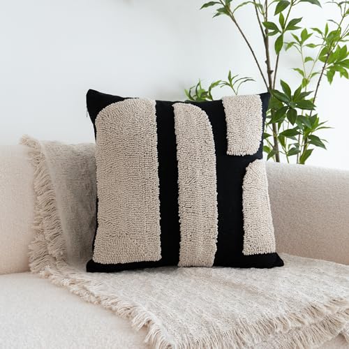 VANNCIO Black White Boho Chunky Tufted Pillow Cover, Neutral Decorative Square Throw Pillow Case, Geometric Woven Modern Sham for Bed Couch Living Room, 18x18 inches, 1PCS - Image 3