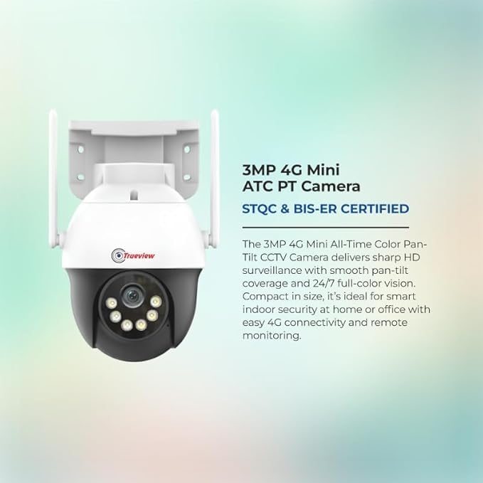 Trueview 3MP 4G Mini PT Security Camera with SIM Support | All-Time Color Vision | 360° Pan | Two-Way Audio | Human Detection | 256GB SD & Cloud | IP66 Waterproof | Alexa Compatible | STQC Certified - Image 2