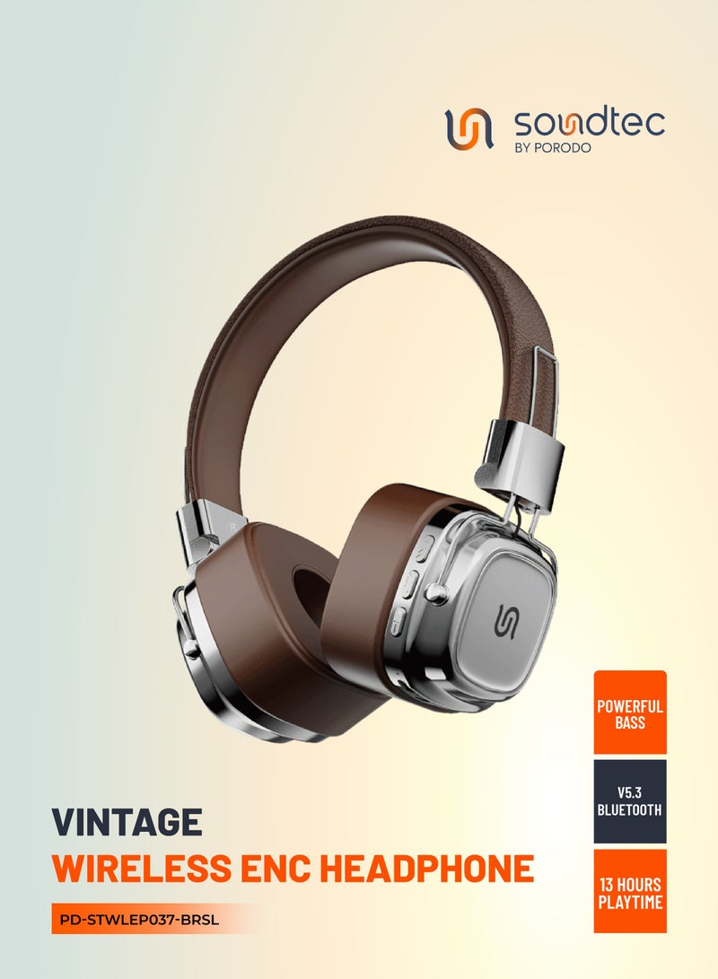 porodo Vintage Wireless ENC Headphone with 13H Talk Time / Micro SD Slot / 3.5mm Audio Jack/ Skin-Friendly Materials / Movies / Music / Skin-Friendly Materials - Brown/Silver - Image 1