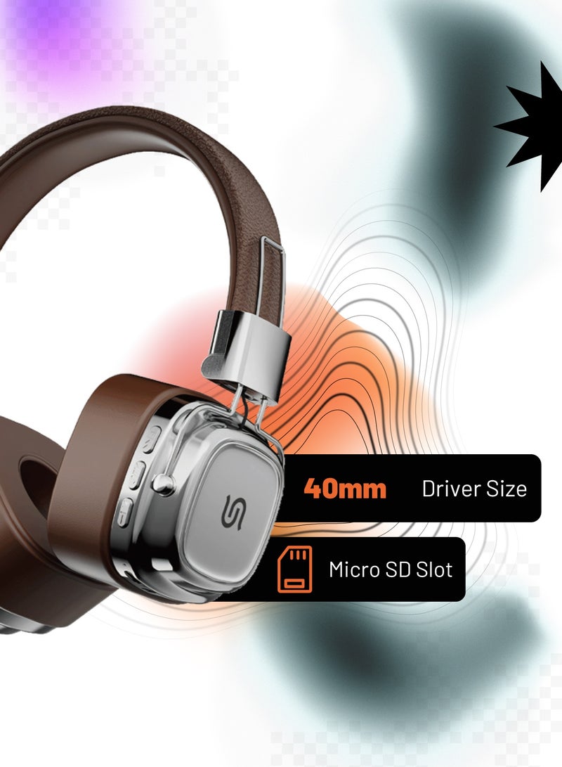 porodo Vintage Wireless ENC Headphone with 13H Talk Time / Micro SD Slot / 3.5mm Audio Jack/ Skin-Friendly Materials / Movies / Music / Skin-Friendly Materials - Brown/Silver - Image 2