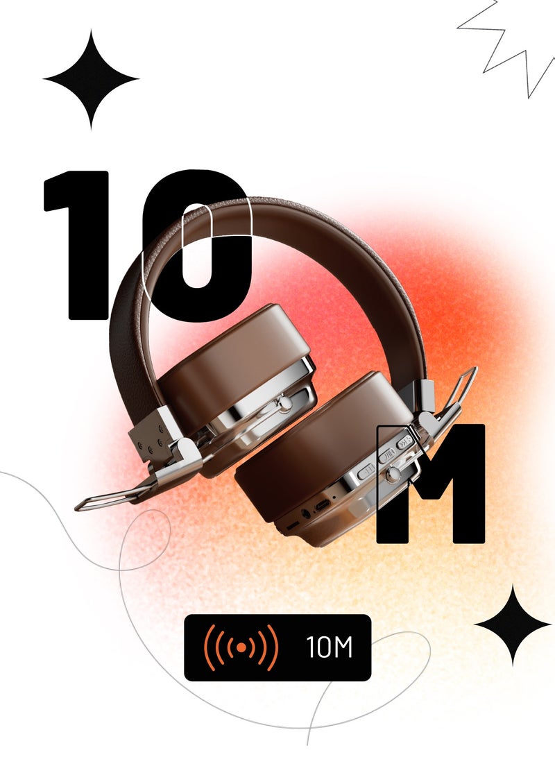 porodo Vintage Wireless ENC Headphone with 13H Talk Time / Micro SD Slot / 3.5mm Audio Jack/ Skin-Friendly Materials / Movies / Music / Skin-Friendly Materials - Brown/Silver - Image 3