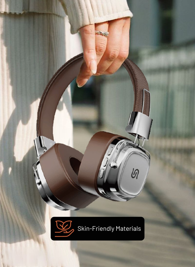 porodo Vintage Wireless ENC Headphone with 13H Talk Time / Micro SD Slot / 3.5mm Audio Jack/ Skin-Friendly Materials / Movies / Music / Skin-Friendly Materials - Brown/Silver - Image 4