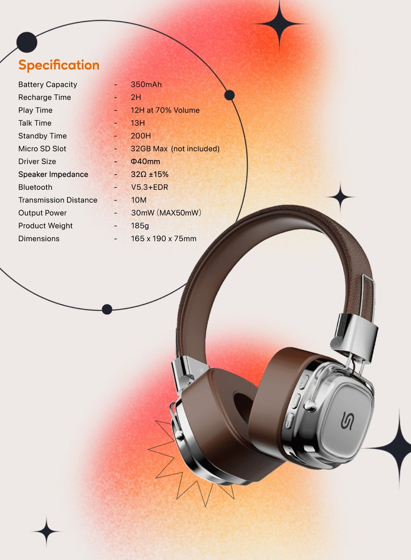 porodo Vintage Wireless ENC Headphone with 13H Talk Time / Micro SD Slot / 3.5mm Audio Jack/ Skin-Friendly Materials / Movies / Music / Skin-Friendly Materials - Brown/Silver - Image 5