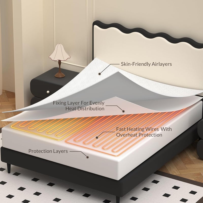 HOMLYNS وسادة مرتبة كهربائية LuxeHeat مدفأة بحجم كوين مع تحكم مزدوج ومنطقة مسبقة التسخين 10 مستويات حرارة 1-10 ساعات مؤقت ذاكرة، زر مضاء - Image 5