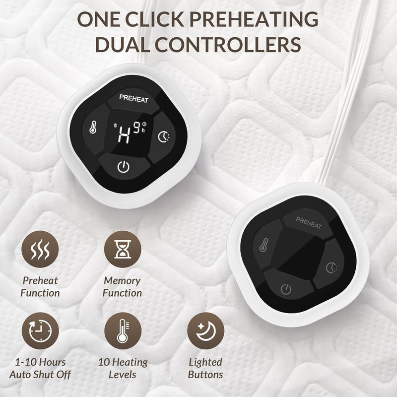 HOMLYNS وسادة مرتبة كهربائية LuxeHeat مدفأة بحجم كوين مع تحكم مزدوج ومنطقة مسبقة التسخين 10 مستويات حرارة 1-10 ساعات مؤقت ذاكرة، زر مضاء - Image 2