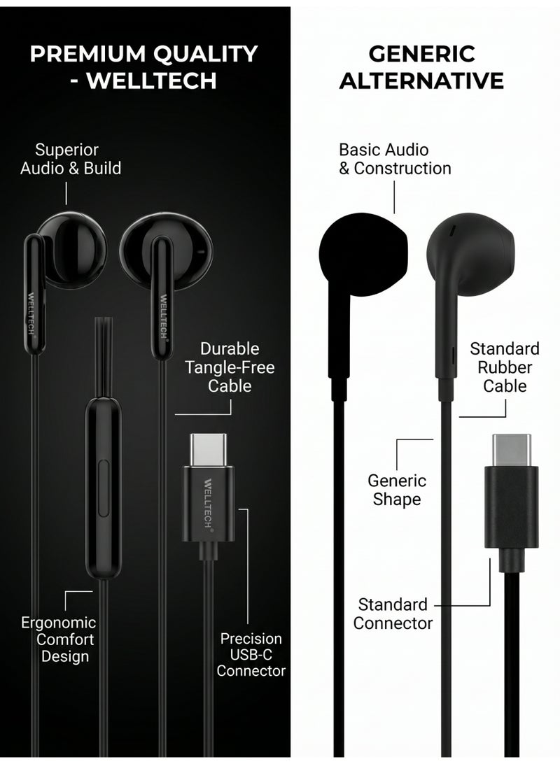 WELLTECH Type C Wired Earphones with Mic High Bass Clear Sound USB C Headphones Noise Isolation In Ear Headset for Android Samsung Calls Gaming WELLTECH HFD80 - Image 5