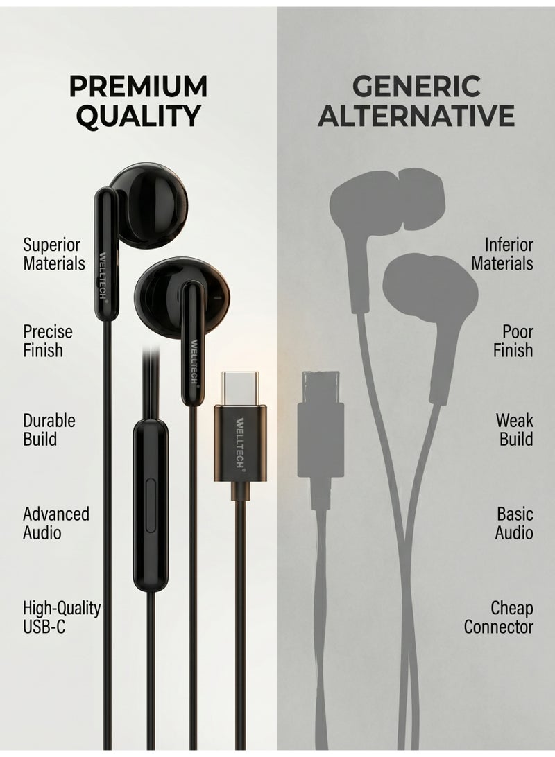 WELLTECH Type C Wired Earphones with Mic High Bass Clear Sound USB C Headphones Noise Isolation In Ear Headset for Android Samsung Calls Gaming WELLTECH HFD80 - Image 4