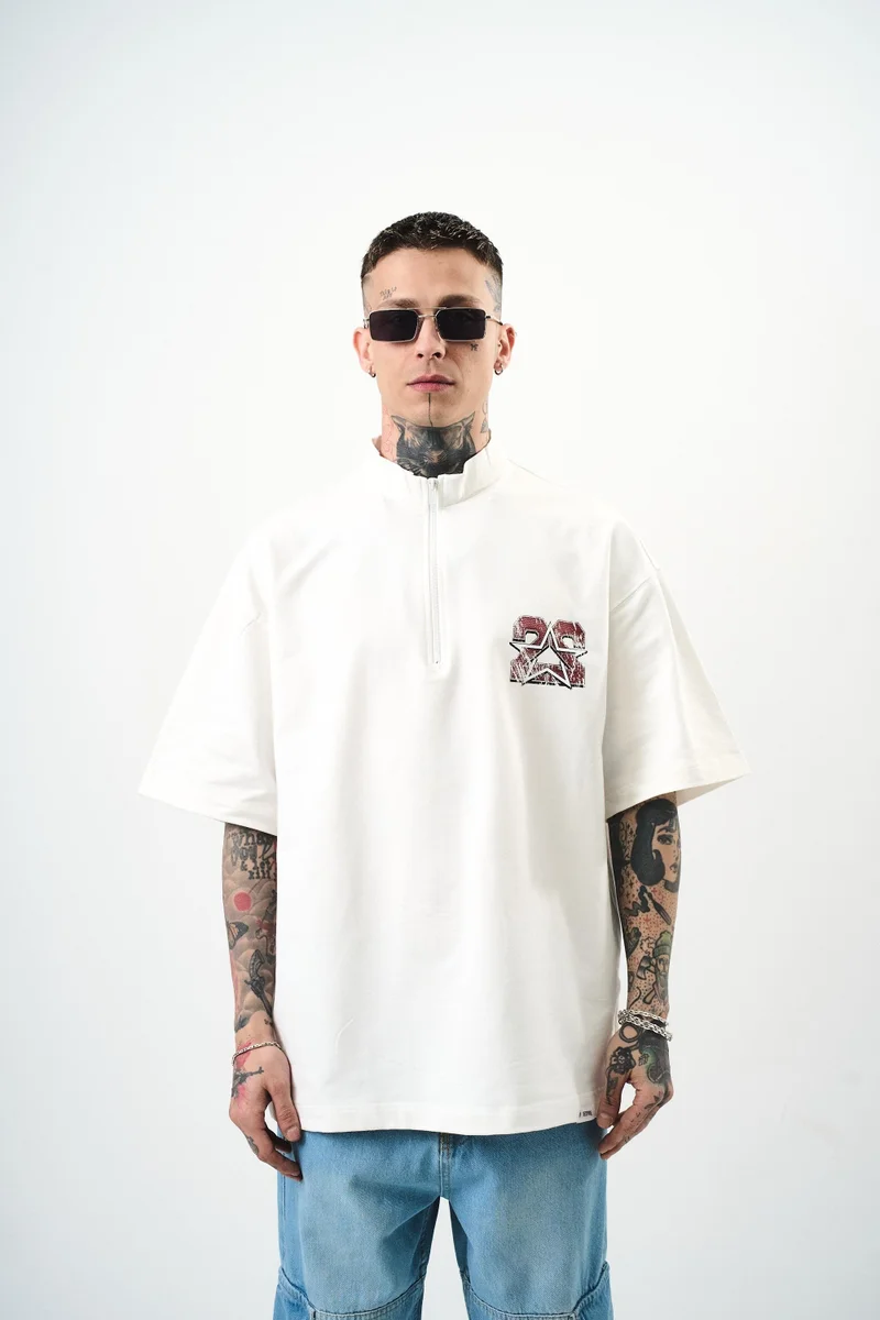 RESPIRE Men's 22 Print Half-Zip Oversize T-Shirt, Ecru