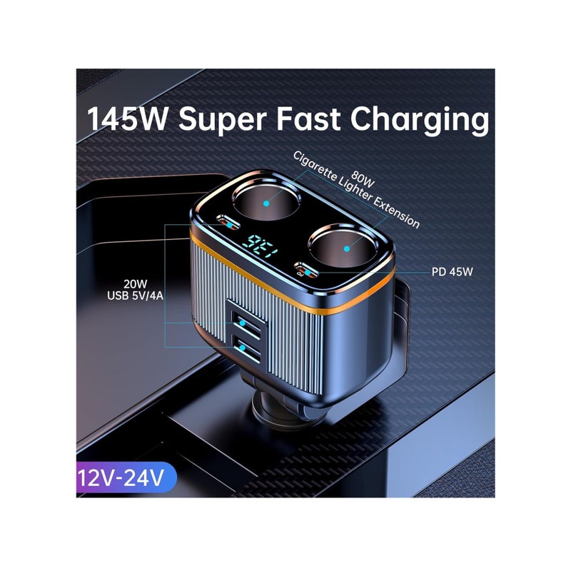 Barakah USB C Car Charger Adapter, 145W Super Fast Cigarette Lighter USB Charger Adapter, with LED Voltmeter, USB C +USB A Car Phone Charger Adapter, for iPhone Samsung & More - Image 2