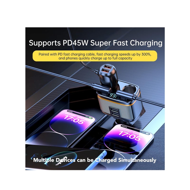 Barakah USB C Car Charger Adapter, 145W Super Fast Cigarette Lighter USB Charger Adapter, with LED Voltmeter, USB C +USB A Car Phone Charger Adapter, for iPhone Samsung & More - Image 3