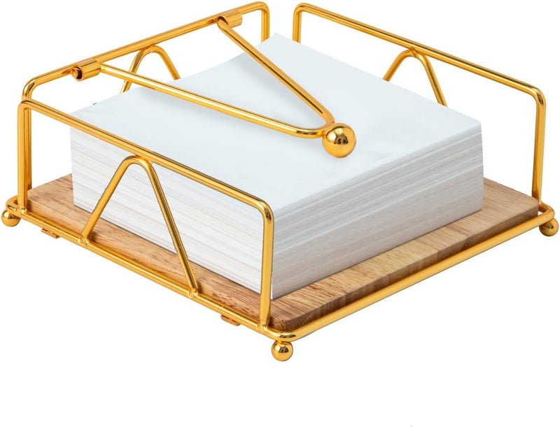 Kiwilon Square Napkin Holder Golden Tissue Paper Holder with Bamboo Base and Metal Weighted Arm Ideal for Home Kitchen and Bathroom Can Hold Large Napkins - Image 1