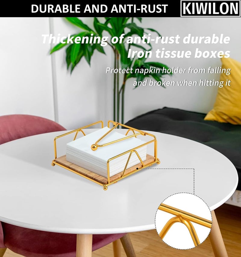 Kiwilon Square Napkin Holder Golden Tissue Paper Holder with Bamboo Base and Metal Weighted Arm Ideal for Home Kitchen and Bathroom Can Hold Large Napkins - Image 5