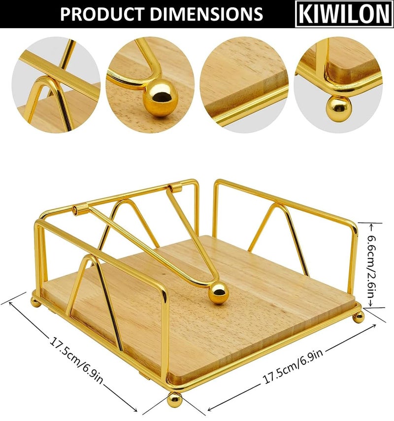 Kiwilon Square Napkin Holder Golden Tissue Paper Holder with Bamboo Base and Metal Weighted Arm Ideal for Home Kitchen and Bathroom Can Hold Large Napkins - Image 3