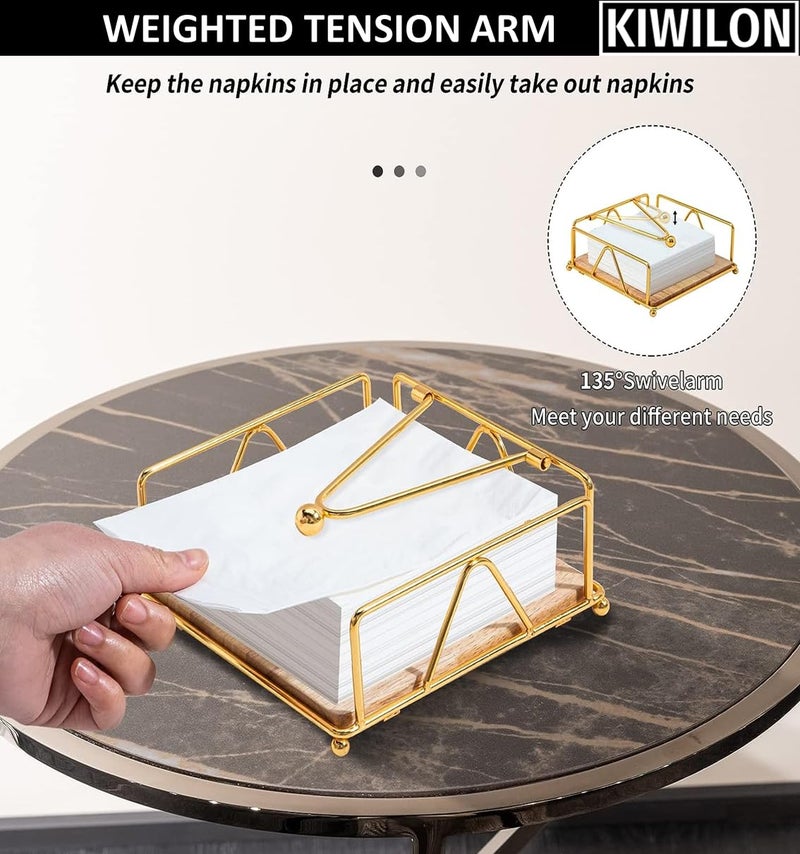 Kiwilon Square Napkin Holder Golden Tissue Paper Holder with Bamboo Base and Metal Weighted Arm Ideal for Home Kitchen and Bathroom Can Hold Large Napkins - Image 2