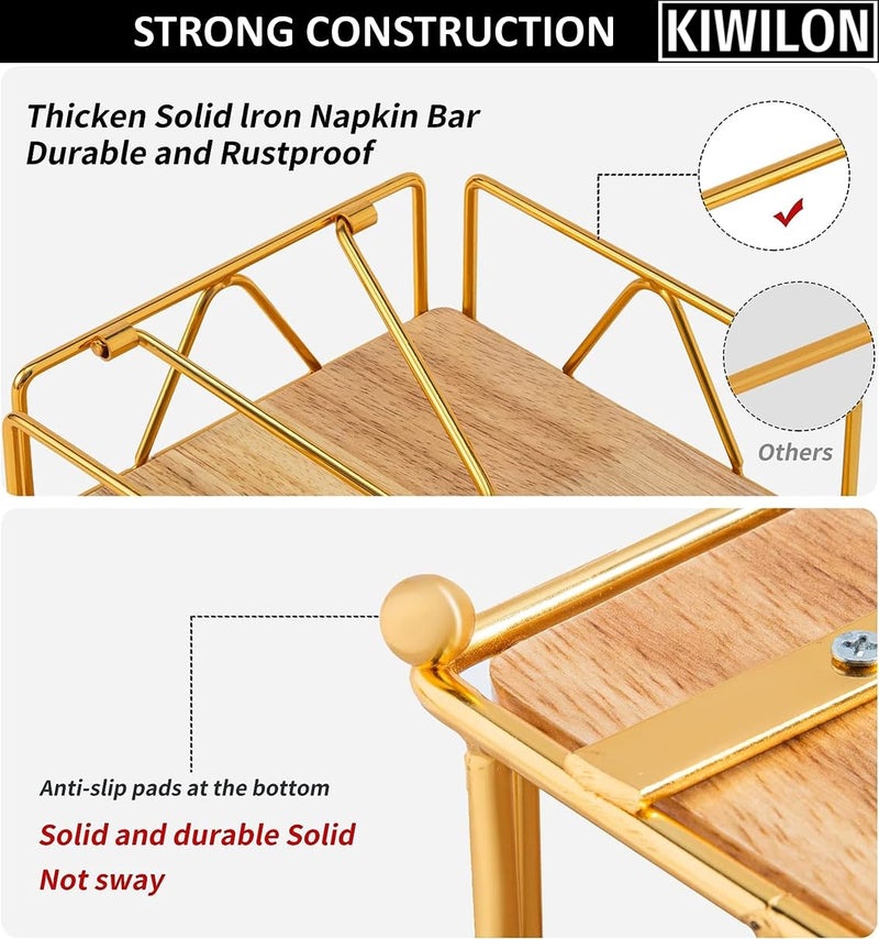 Kiwilon Square Napkin Holder Golden Tissue Paper Holder with Bamboo Base and Metal Weighted Arm Ideal for Home Kitchen and Bathroom Can Hold Large Napkins - Image 4