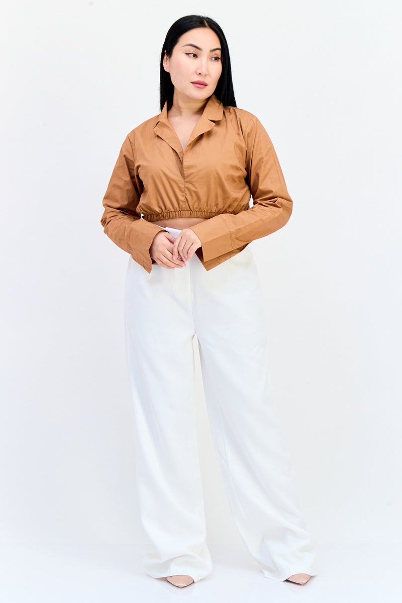 Public Desire x Kenza Women Spread Collar Long Sleeves Solid Shirt, Mocha - Image 4