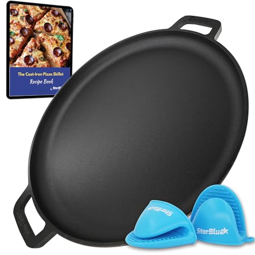 StarBlue 16 Inch Cast Iron Pizza Pan Round Griddle by StarBlue with FREE Silicone Handles and 30 Recipes Ebook– Pre-Seasoned Comal, Kitchen Essentials for Pizza Lovers, Baking, Grill, BBQ, Stove Oven Safe - Image 1