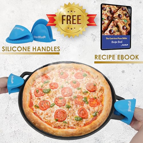StarBlue 16 Inch Cast Iron Pizza Pan Round Griddle by StarBlue with FREE Silicone Handles and 30 Recipes Ebook– Pre-Seasoned Comal, Kitchen Essentials for Pizza Lovers, Baking, Grill, BBQ, Stove Oven Safe - Image 3
