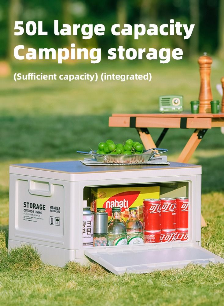 Old_Feller Outdoor Living Space Storage Box Multifunctional Outdoor Foldable Camping Table Storage Box 50L With Wooden Lid For Camping Fishing Picnic Camping Table Coffee Table Trunk Storage White 30x50x34cm - Image 2