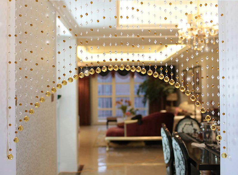 PINDIA Fancy Sparkling 7 Feet Wide Arch Bead Hanging Curtain with Pure Glass Drops - Yellow (Set of 45 Strings) - Image 1