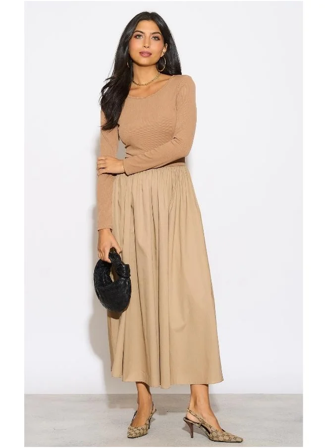 Hoxton Gal Beige Long Sleeve Maxi Dress – Relaxed Fit