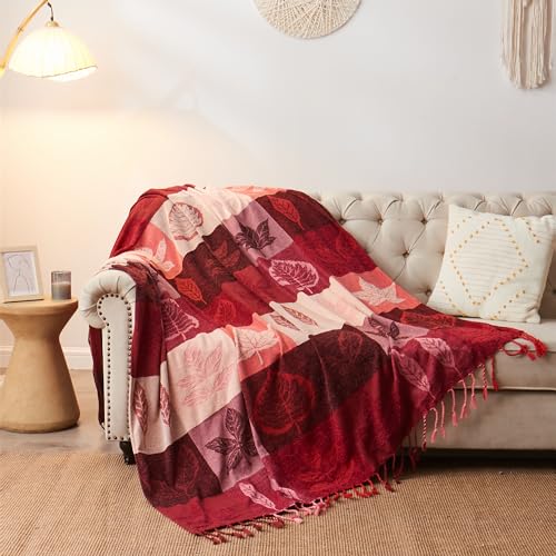Edcooy Bohemian Chenille Jacquard Tassel Throws - Reversible Red&Pink Maple Leaf Design for Boho Hippie Vibes - Oversized Blankets for Large Couch, Furniture, Sofa, Chair - Image 1
