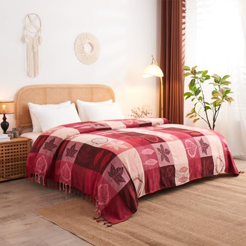 Edcooy Bohemian Chenille Jacquard Tassel Throws - Reversible Red&Pink Maple Leaf Design for Boho Hippie Vibes - Oversized Blankets for Large Couch, Furniture, Sofa, Chair - Image 4