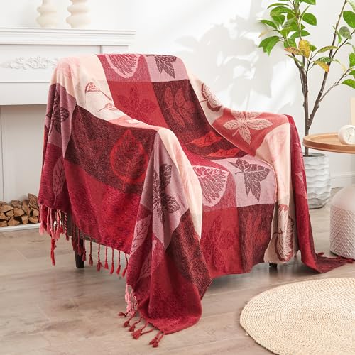 Edcooy Bohemian Chenille Jacquard Tassel Throws - Reversible Red&Pink Maple Leaf Design for Boho Hippie Vibes - Oversized Blankets for Large Couch, Furniture, Sofa, Chair - Image 2